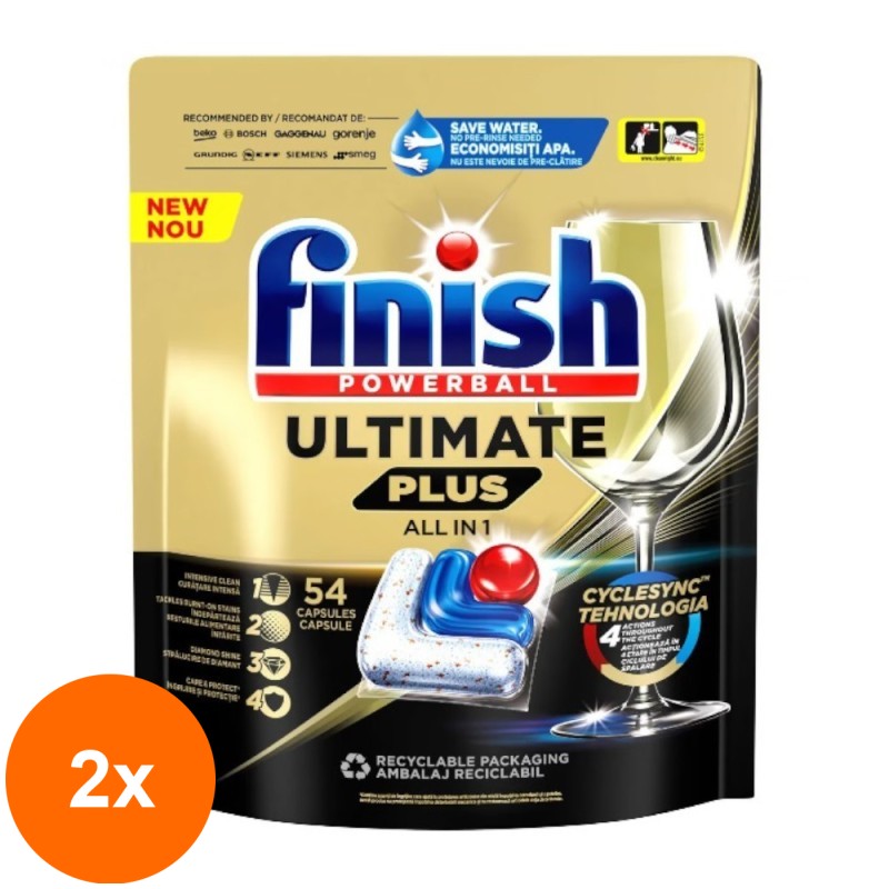 Set 2 x 54 Capsule Detergent pentru Masina de Spalat Vase Finish Ultimate Plus