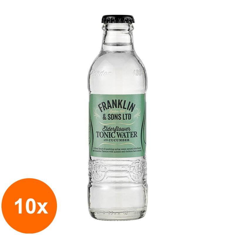 Set 10 x Apa Tonica cu Soc si Castravete, Franklin & Sons, Elderflower & Cucumber, 200 ml