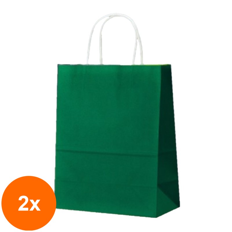 Set 2 x 100 Pungi din Hartie cu Manere, Verde Inchis, Interior Alb, 32 x 12 x 41 cm