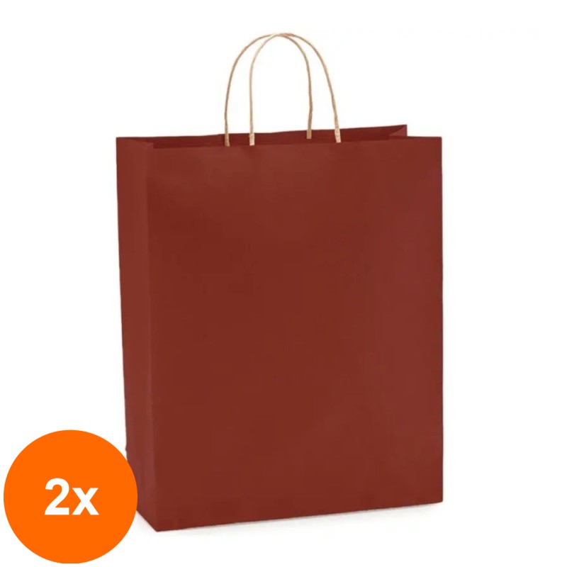 Set 2 x 100 Pungi din Hartie cu Manere, Visiniu, Interior Natur, 32 x 12 x 41 cm