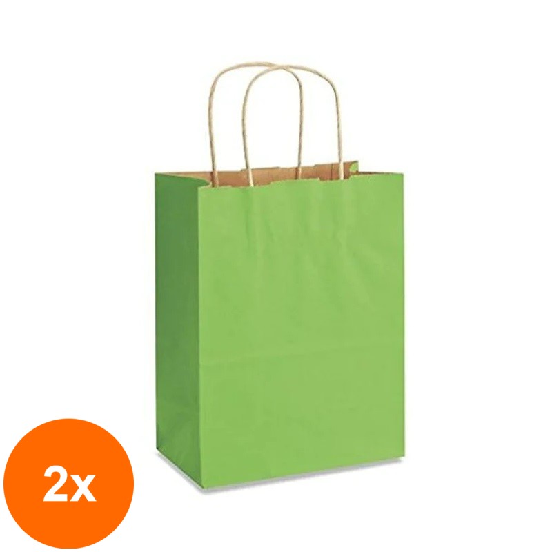 Set 2 x 100 Pungi din Hartie cu Manere, Verde Deschis, Interior Natur, 25 x 14 x 30 cm