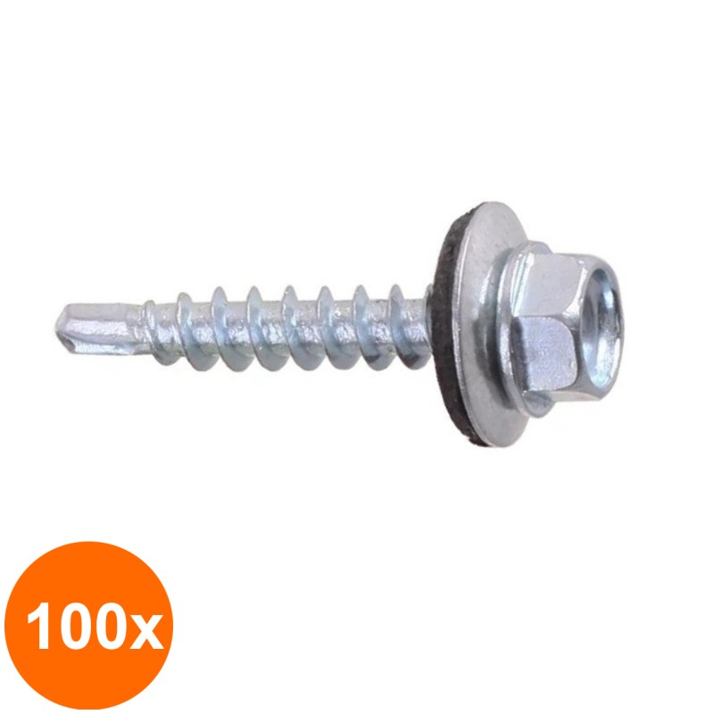 Set 100 x Surub Autoforant Cap Hex + Saiba EPDM 14mm Otel Zincat-4.8 x 32 Ral 9010