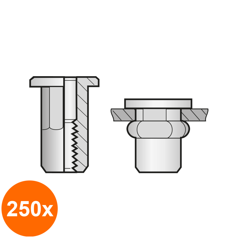 Set 250 x Piulite-nit Semihexagonale Cap Lat Otel-M 6 x 14.5