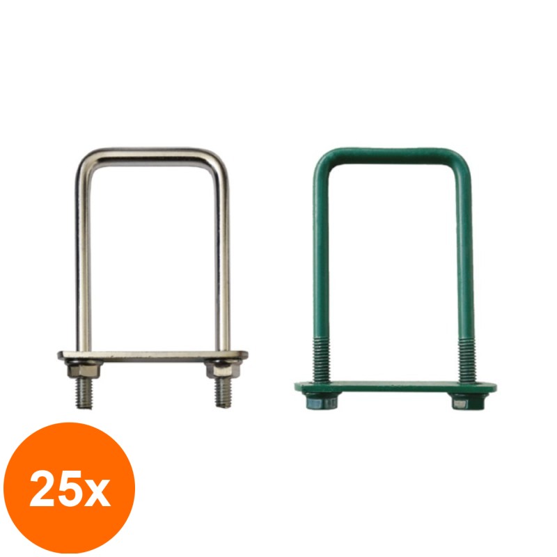 Set 25 x Brida Otel Rotund, 30 x 60 mm, Tip U, pentru Fixare Panouri Gard, Stalp Rectangular, Verde