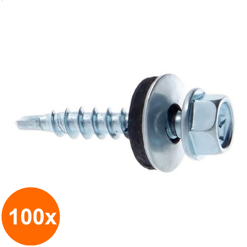 Set 100 x Surub Autoforant Cap Hex+saiba Cauciucata Epdm R14 Mm Pt. Prindere Constructii Lemn Otel Vopsit-4.8x29 R 3009