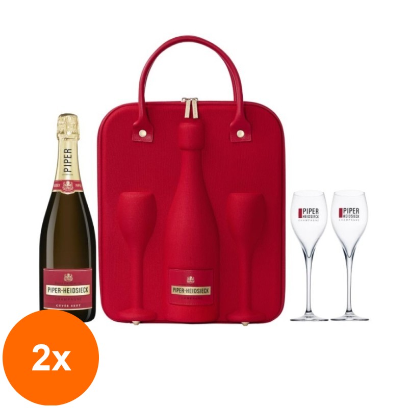 Set 2 x Sampanie Piper Heidsieck si Set de Voiaj cu Doua Pahare, Brut Non Vintage, 12% Alcool, 0.75 l