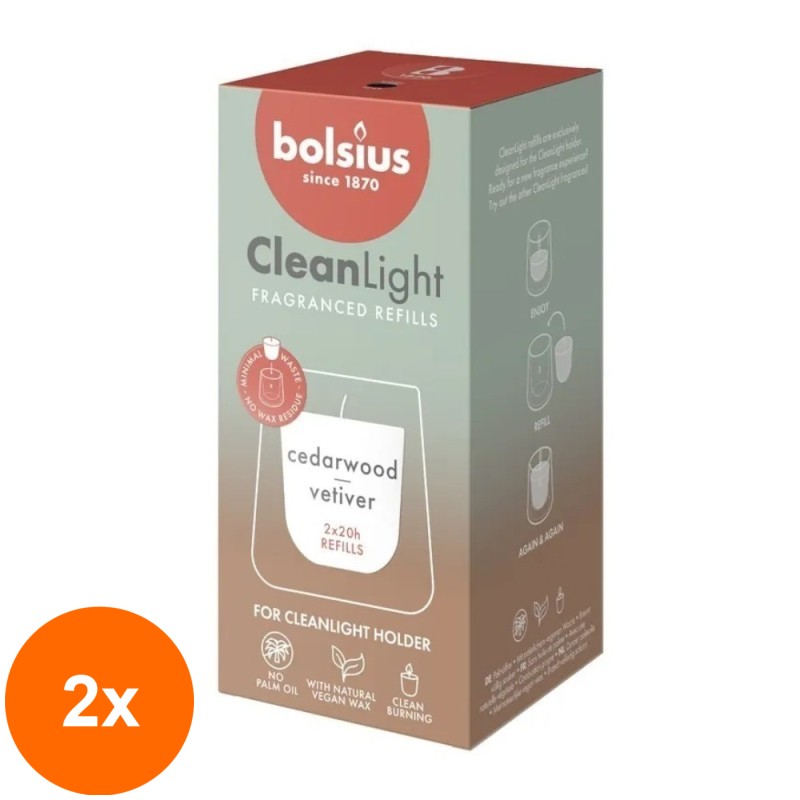 Set 2 x 2 Lumanari Rezerva, CleanLight Bolsius, Lemn de Cedru si Vetiver