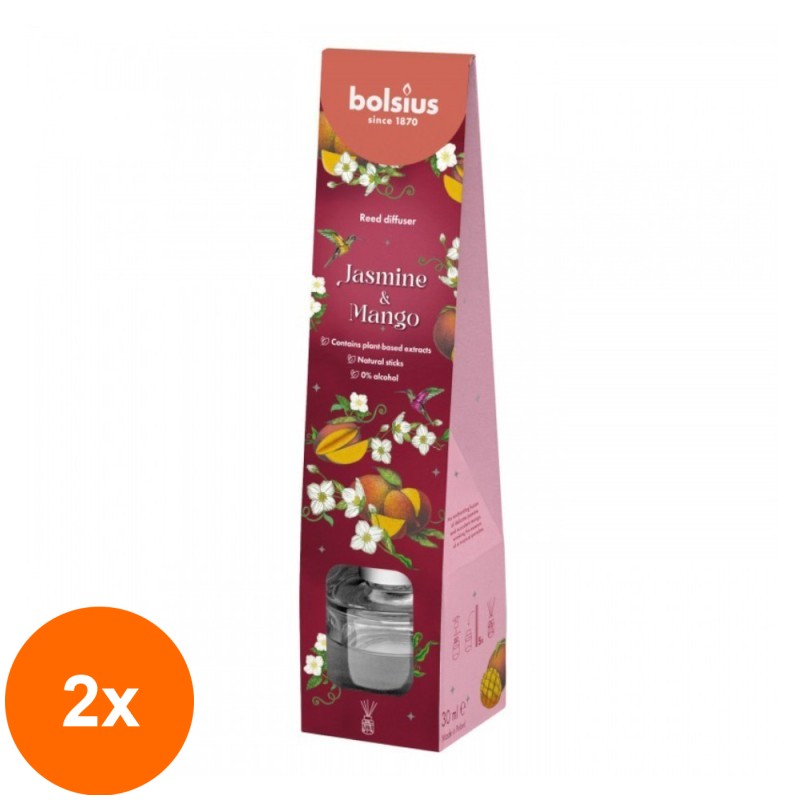 Set 2 x Odorizant Difuzor cu Betisoare pentru Casa Bolsius Floral Fusion, Iasomie si Mango, 30 ml