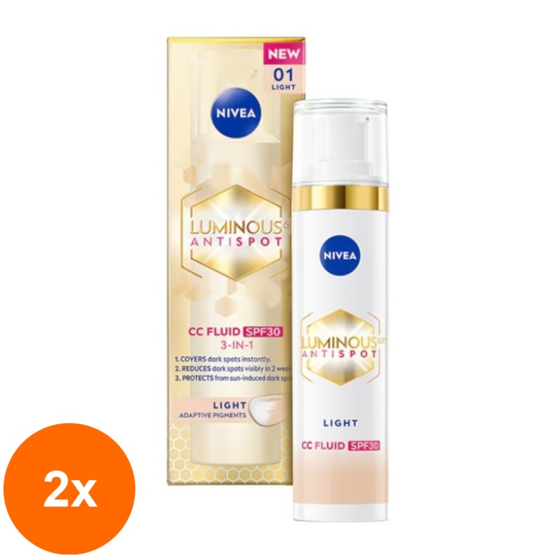 Set 2 x Crema de Fata Corectoare, Nivea Luminous CC Fluid FPS 30 Light, 30 ml