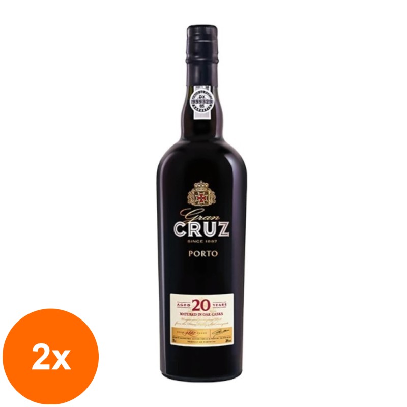 Set 2 x Vin Porto Cruz, 20 Ani, 20% Alcool, Cutie de Lemn, Rosu, 0.75 l