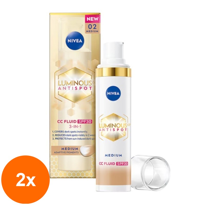 Set 2 x Crema de Fata Corectoare, Nivea Luminous CC Fluid FPS 30 Medium, 30 ml