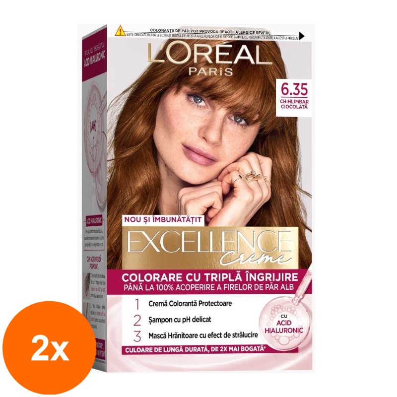 Set 2 x Vopsea de Par Permanenta cu Amoniac L'Oreal Paris Excellence Creme 6.35 Chihlimbar Ciocolata, 192 ml