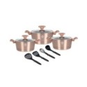 Set 3 Vase din Aluminiu cu Capace din Sticla si 4 Ustensile, Aurii, Compatibile cu Plita cu Inductie, Grunberg