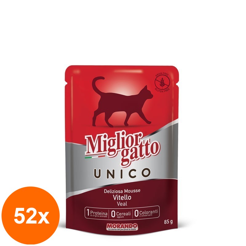 Set 52 x Hrana Umeda Super Premium Pisici, Migliorgatto Unico, Pate Fin, Vitel, 85 g