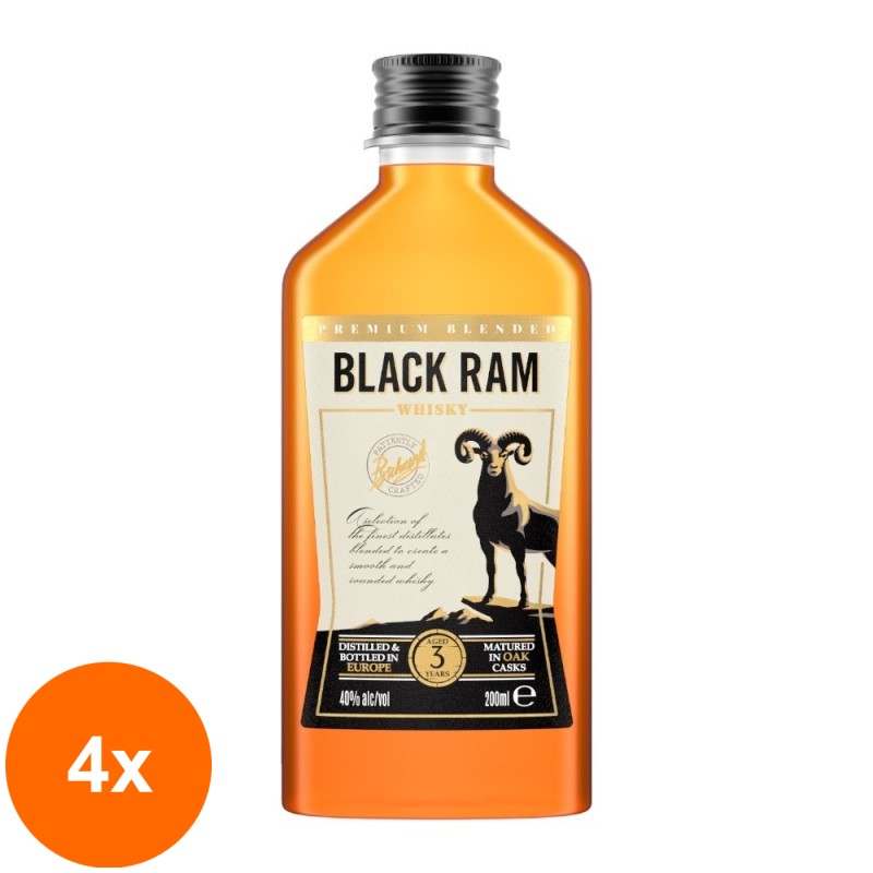 Set 4 x Whisky Black Ram, Premium Blended, 3YO, 40% Alcool, 0.2 l