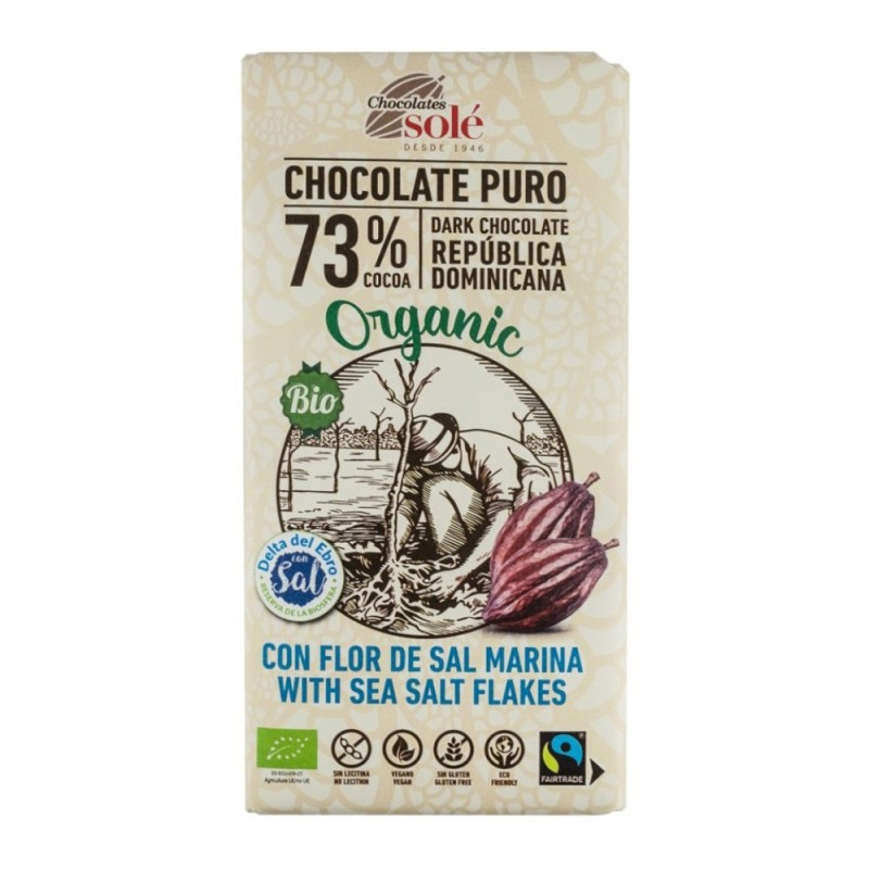 Ciocolata Neagra Bio si Fairtrade, 73% Cacao cu Fleur de Sel, Chocolates Sole, 100 g