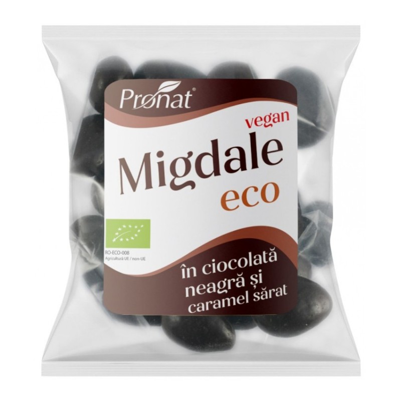 Migdale Bio Prajite si Sarate, Glazurate in Ciocolata Neagra si Caramel Sarat, 50 g