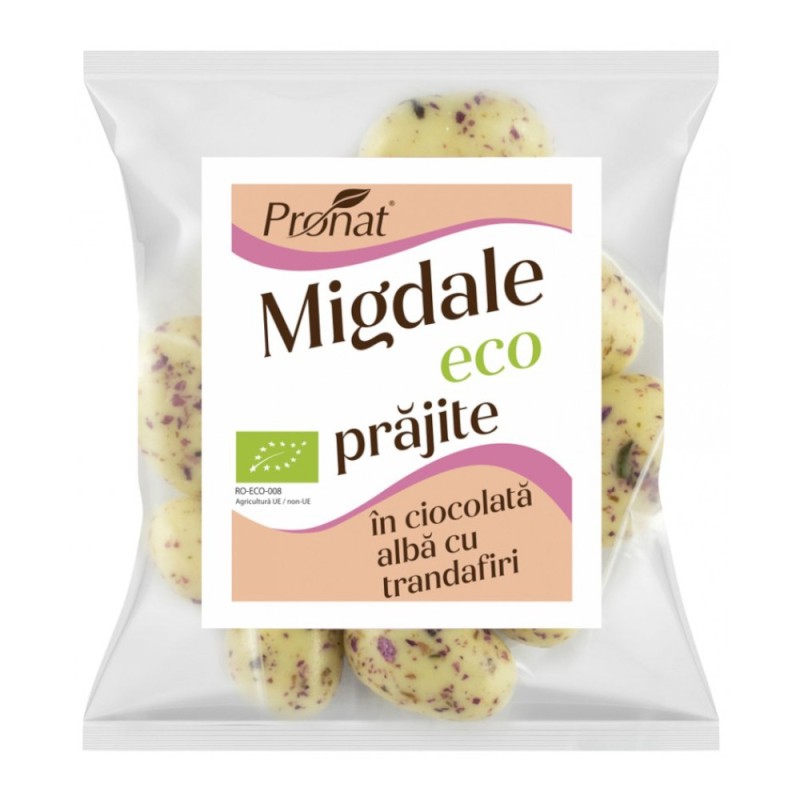 Migdale Bio Prajite, Glazurate in Ciocolata Alba cu Trandafiri, 50 g