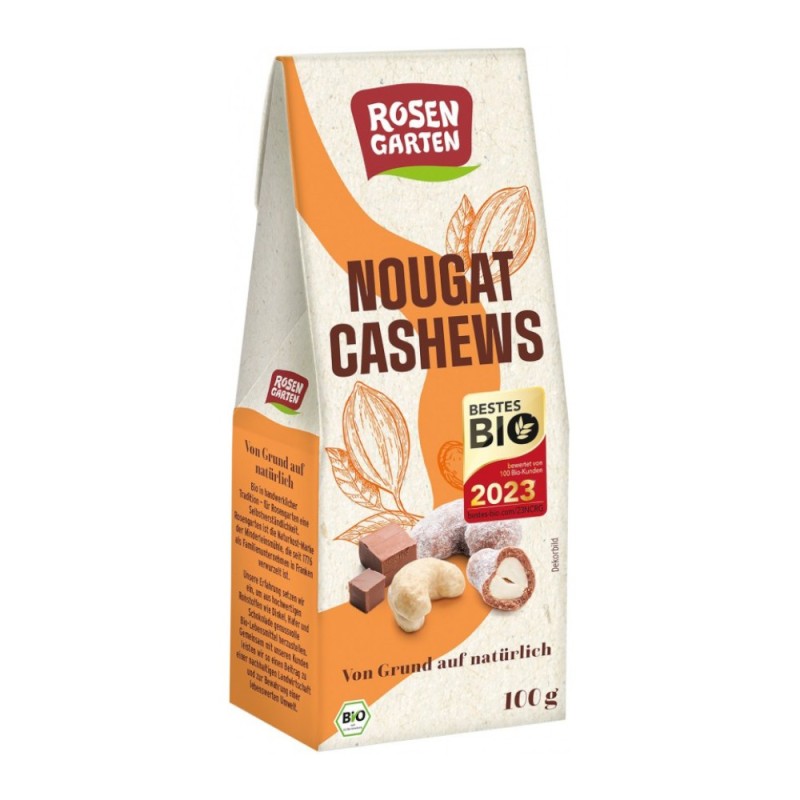 Caju Bio Glazurat cu Ciocolata cu Lapte si Nougat, Rosen Garten, 100 g