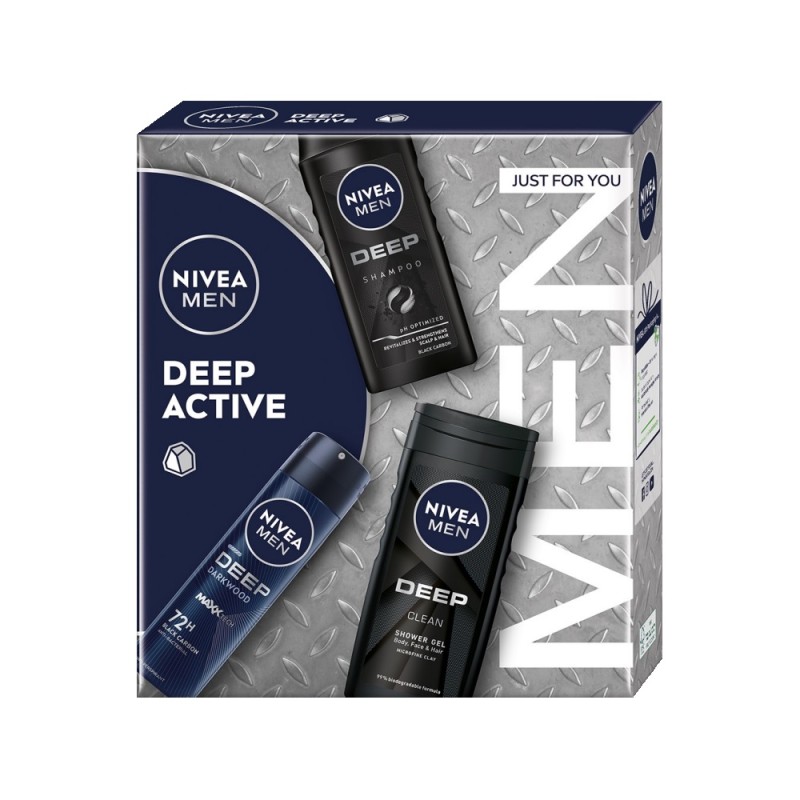 Set Cadou Barbati Nivea Deep Active, Gel de Dus 250 ml, Sampon 250 ml si Deodorant Spray 150 ml