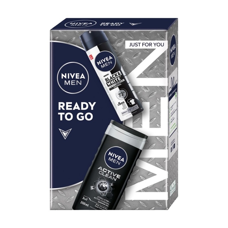 Set Cadou Barbati Nivea Ready to Go, Deodorant Spray Invisible Black & White Original, 150 ml si Gel Dus Active Clean, 250 ml