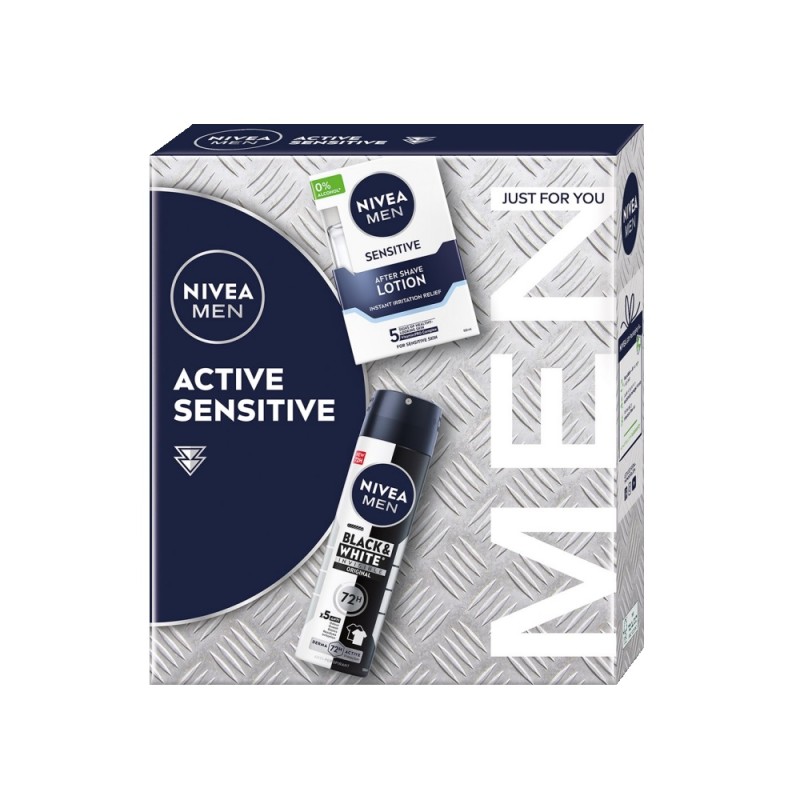 Set Cadou Barbati Nivea Active Sensitive, Lotiune dupa Ras, 100 ml si Deodorant Spray Invisible Black & White Power, 150 ml