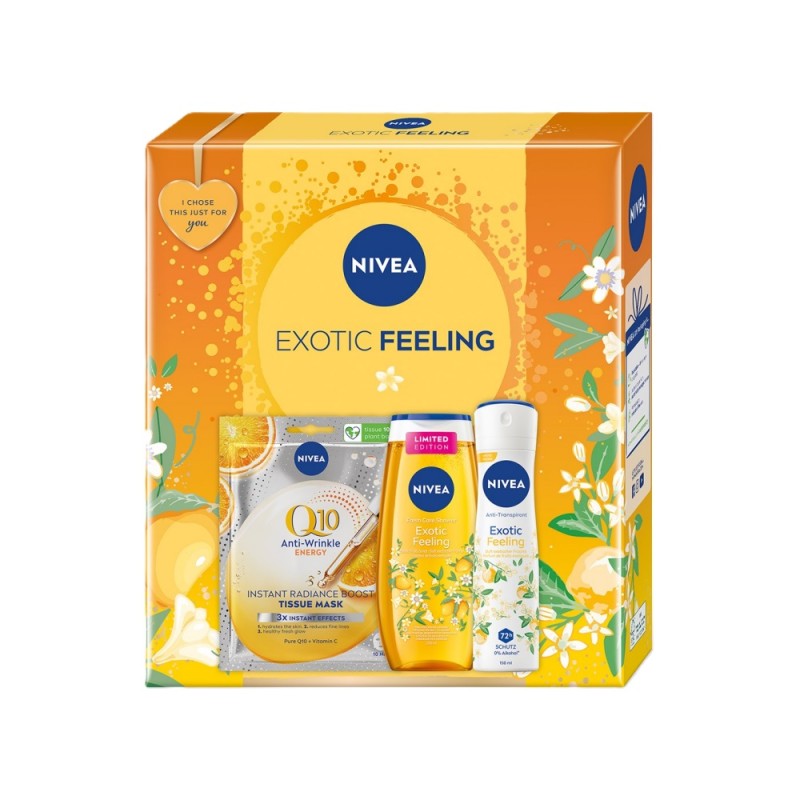 Set Cadou Femei Nivea Exotic Feeling, Masca Q10, Gel de Dus Exotic Feeling 250 ml si Deodorant Spray Exotic Feeling 150 ml