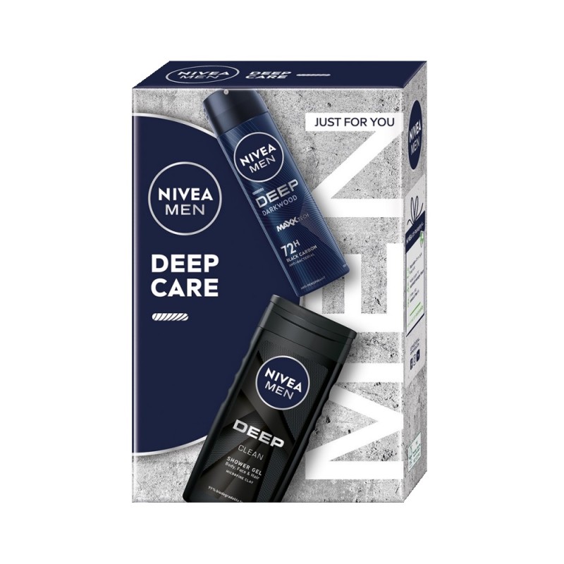 Set Cadou Barbati Nivea Deep Care, Deodorant Spray, 150 ml si Gel de Dus, 150 ml