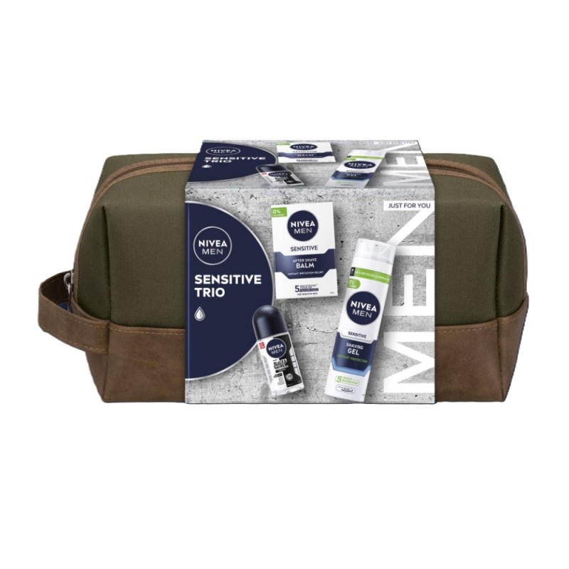 Set Cadou Barbati Nivea Sensitive Trio, Balsam dupa Ras 100 ml, Gel Ras 200 ml, Deodorant Roll-on 50 ml si Geanta