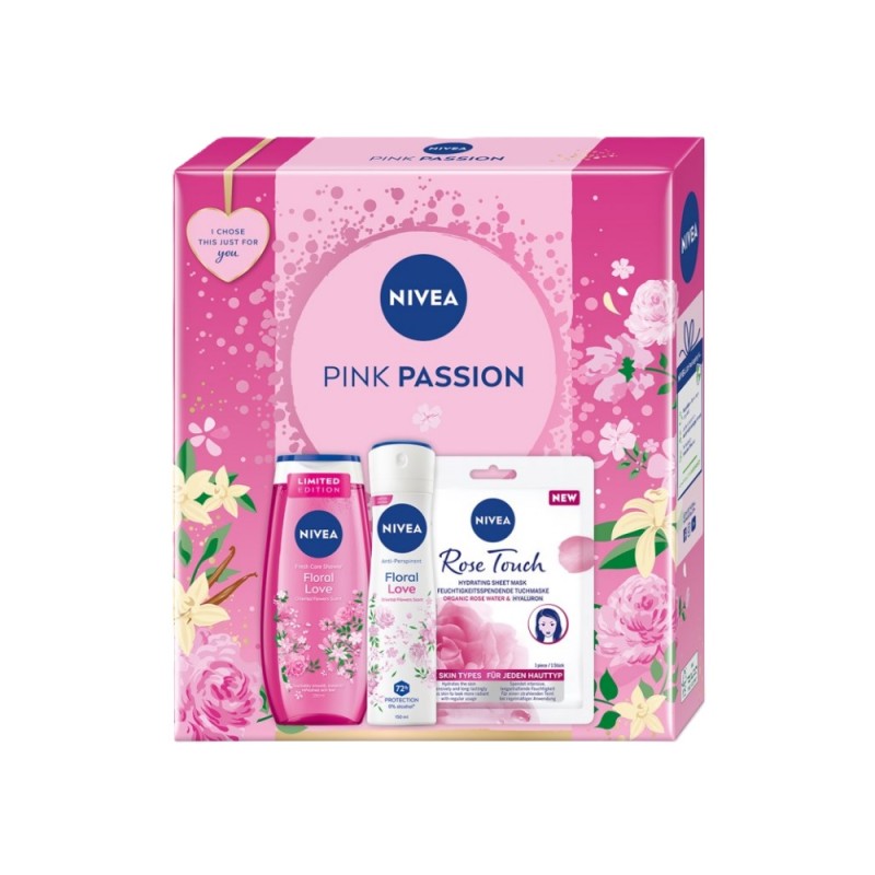 Set Cadou Femei Nivea Pink Passion, Masca Rose Touch, Gel de Dus Floral Love 250 ml si Deodorant Spray Floral Love 150 ml