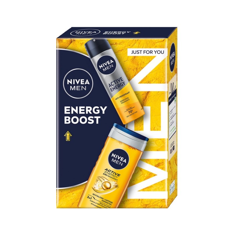 Set Cadou Barbati Nivea Energy Boost, Gel de Dus, 250 ml si Deodorant Spray, 150 ml