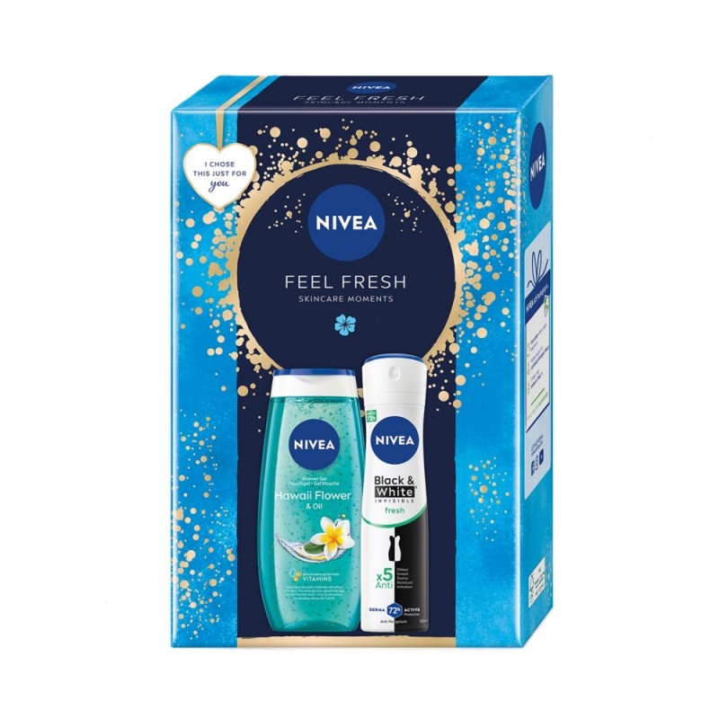 Set Cadou Femei Nivea Feel Fresh, Gel de Dus Frangipani & Oil, 250 ml si Deodorant Spray Invisible Black & White Fresh, 150 ml