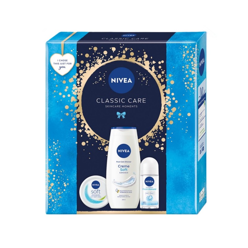 Set Cadou Femei Nivea Classic Care, Crema Soft 100 ml, Gel de dus Creme Soft 250 ml si Deodorant Roll-On Fresh Natural 50 ml