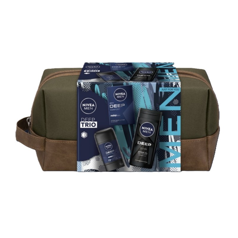 Set Cadou Barbati Nivea Deep Trio, Lotiune dupa Ras 100 ml, Gel de Dus 200 ml, Deodorant Stick 50 ml si Geanta