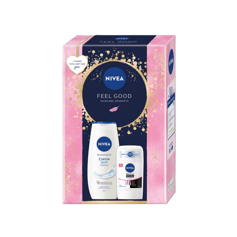 Set Cadou Femei Nivea Feel Good, Gel de Dus Creme Soft, 250 ml si Deodorant Stick Invisible Black & White Clear, 50 ml