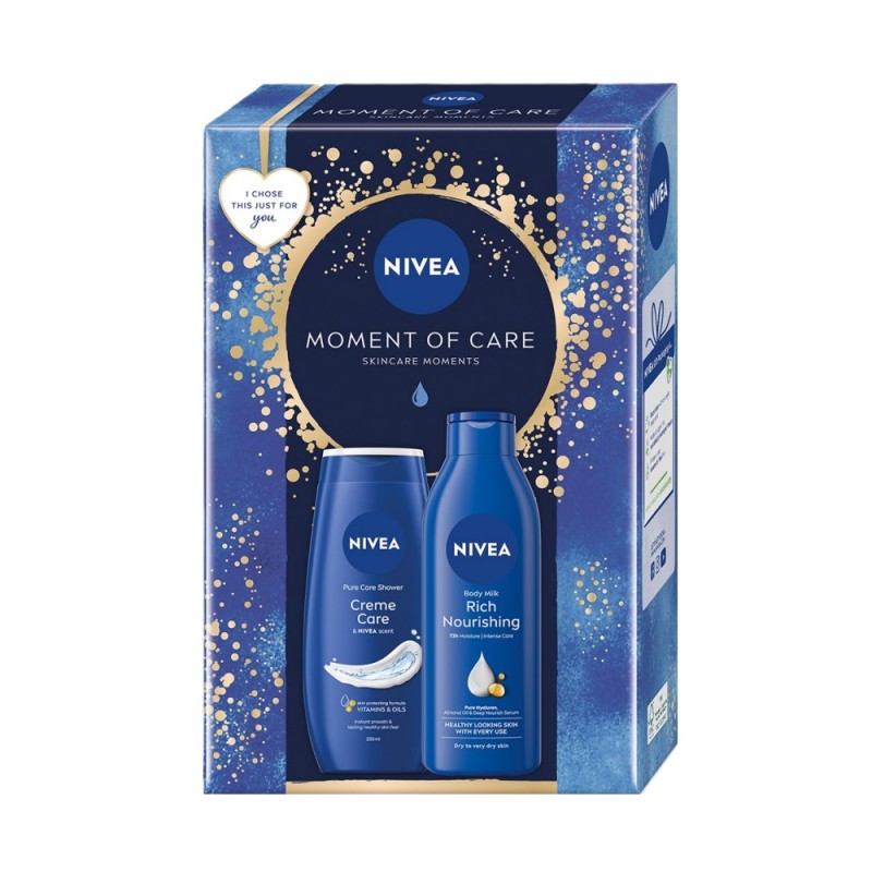 Set Cadou Femei Nivea Moment of Care, Lapte de Corp Rich Nourishing, 250 ml si Gel de dus Creme Care, 250 ml