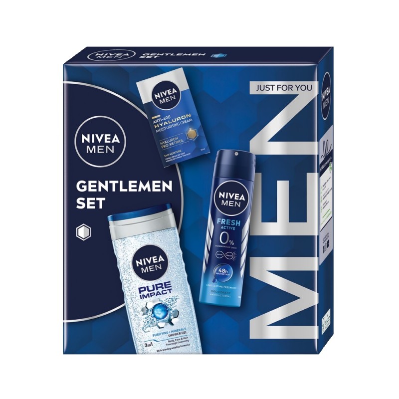 Set Cadou Barbati Nivea Gentlemen Set, Crema Anti-rid SPF 15 50 ml, Gel de Dus 250 ml si Deodorant Spay Fresh 150 ml