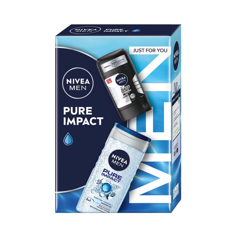 Set Cadou Barbati Nivea Pure Impact, Gel de Dus, 150 ml si Deodorant Stick Invisible Black & White Original, 50 ml