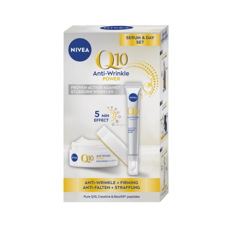 Set Cadou Femei Nivea Q10 Duo Day & Serum, Crema de Zi Anti-rid SPF 15, 50 ml si Ser Anti-rid, 15 ml