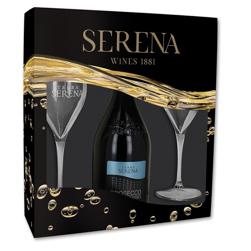 Pachet Vin Spumant Prosecco Alb Brut Terra Serena Doc 0,75 L + 2 Pahare