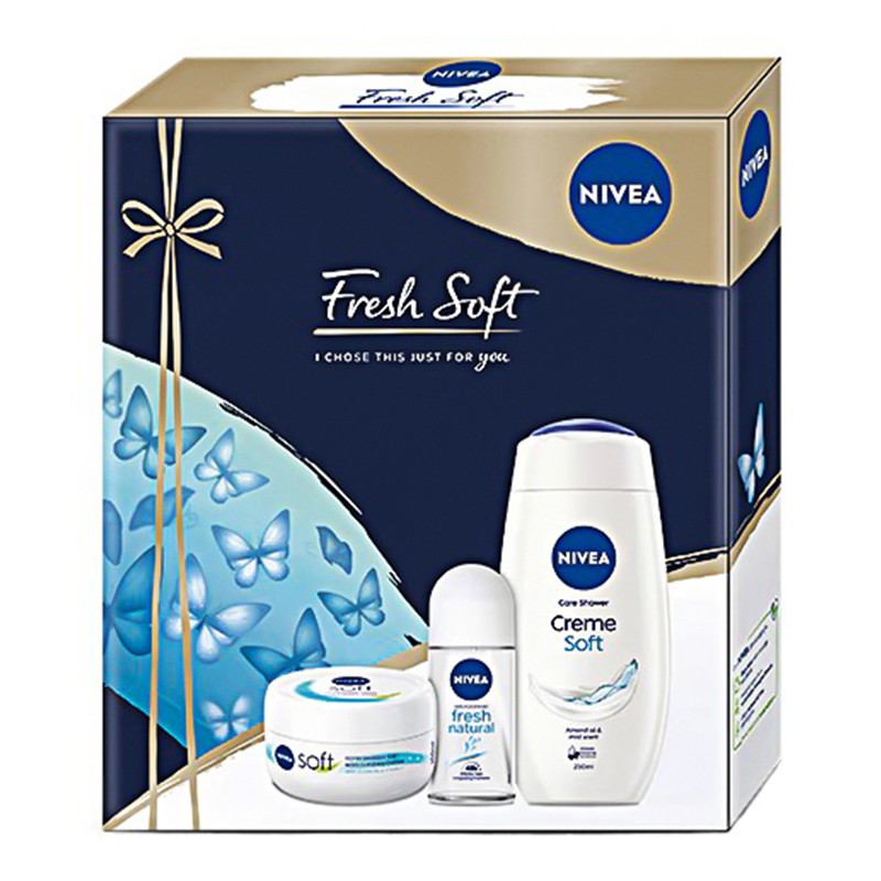 Set Cadou Crema de Corp Nivea Soft, 100 ml + Gel de Dus Nivea Creme Soft, 250 ml + Deodorant Roll-on Nivea Fresh Natural, 50 ml