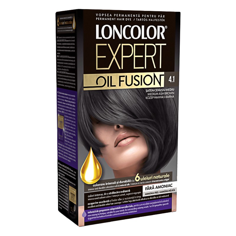 Vopsea de Par Permanenta fara Amoniac Loncolor Expert Oil Fusion 4.1 Saten Cenusiu Mediu, 100 ml